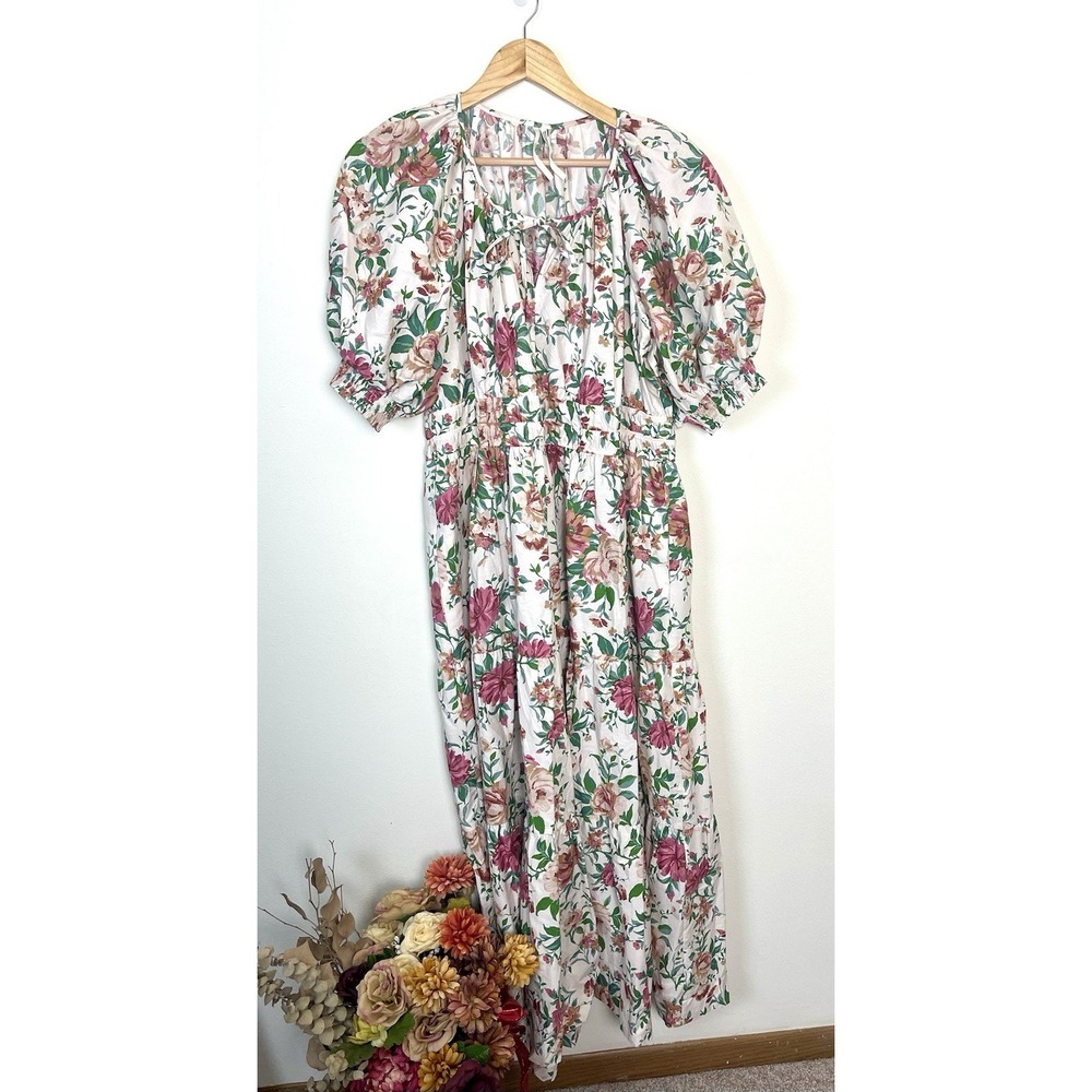 ANTHROPOLOGIE Somerset Puff Sleeve Floral Maxi Dress Cottage Natural XL - Picture 3 of 16